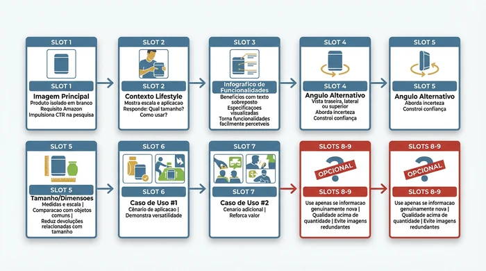 Diagrama de alocação estratégica de slots de imagem mostrando os 9 slots disponíveis da Amazon com cada um rotulado por objetivo: slot 1 imagem principal produto isolado impulsiona CTR, slot 2 lifestyle mostra escala e uso, slot 3 infográfico destaca funcionalidades, slot 4 ângulo alternativo constrói confiança, slot 5 diagrama tamanho reduz devoluções, slots 6-7 demonstram casos de uso, e slots 8-9 marcados opcionais enfatizando qualidade acima de quantidade
