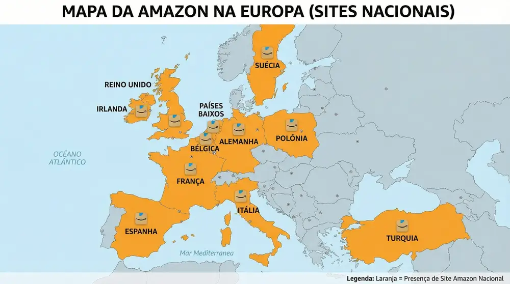 Mapa da Europa e Turquia destacando os países com mercados nacionais da Amazon, incluindo Espanha, França, Alemanha e Reino Unido.