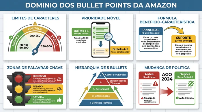 Infográfico abrangente mostrando seis elementos-chave da otimização de bullet points da Amazon: limites de caracteres com zonas segura, de cautela e de perigo; prioridade de visualização móvel mostrando quais bullets são visíveis; fórmula benefício-característica com estrutura principal e de suporte; espectro de integração de palavras-chave desde excessivo até natural; hierarquia de cinco bullets desde benefício primário até gestor de objeções; e mudança de política de Agosto de 2024 de conteúdo sinalizado para auto-editado.