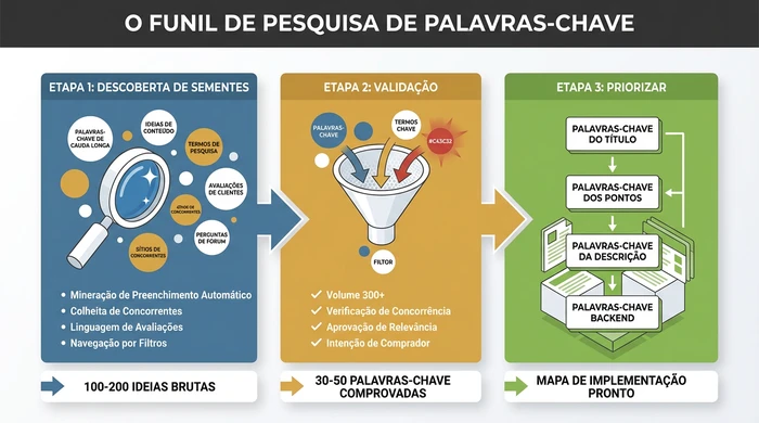 Diagrama horizontal de três painéis ilustrando o funil de pesquisa de palavras-chave: Etapa 1 Descoberta de Sementes gerando 100-200 ideias brutas através de preenchimento automático e análise de concorrentes, Etapa 2 Validação filtrando para 30-50 palavras-chave comprovadas usando critérios de volume e relevância, Etapa 3 Priorização organizando palavras-chave em colocação de título, pontos, descrição e backend.
