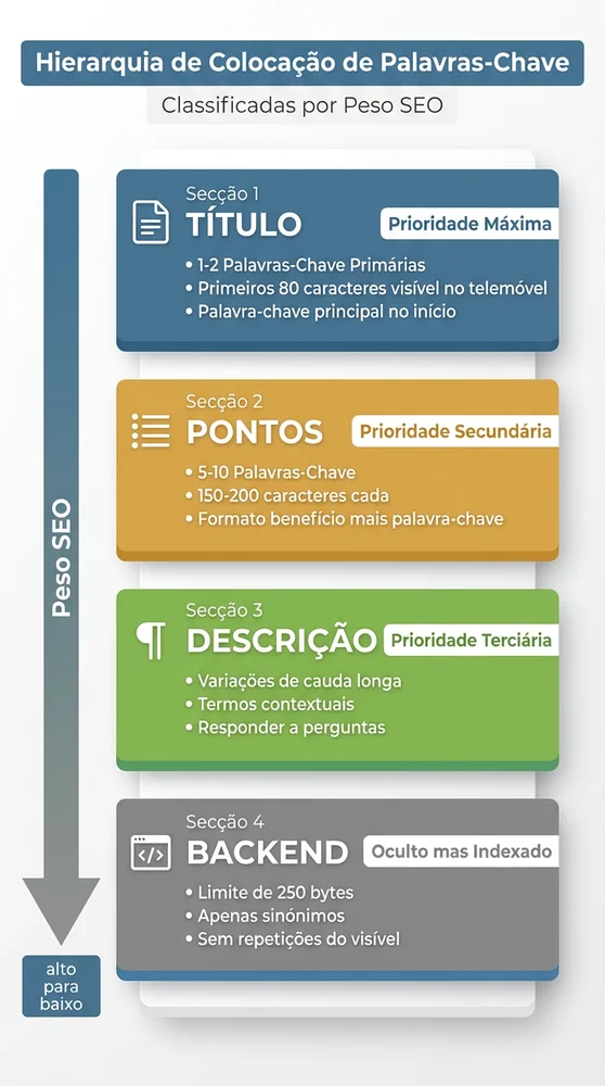 Diagrama de hierarquia vertical mostrando a prioridade de colocação de palavras-chave em listagens Amazon: secção Título no topo com o maior peso SEO para 1-2 palavras-chave primárias nos primeiros 80 caracteres, Pontos com prioridade secundária para 5-10 palavras-chave, Descrição com prioridade terciária para variações de cauda longa, e termos de pesquisa Backend na base com limite de 250 bytes para sinónimos não repetidos noutro local.