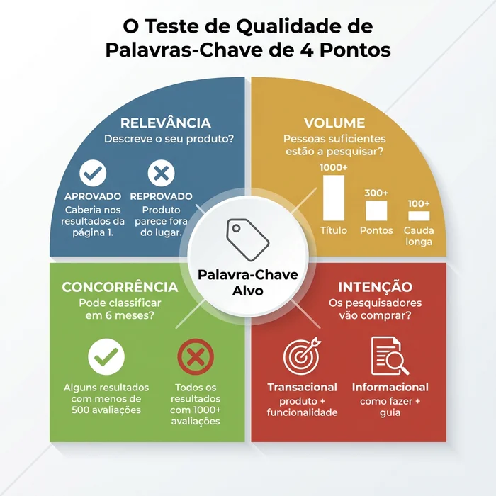 Diagrama de quatro quadrantes mostrando a estrutura de avaliação de qualidade de palavras-chave: teste de Relevância perguntando se a palavra-chave descreve o seu produto, teste de Volume com limiares mínimos de 1000+ para palavras-chave do título e 300+ para palavras-chave dos pontos, teste de Concorrência verificando se os resultados da página um têm menos de 500 avaliações, e teste de Intenção priorizando palavras-chave transacionais em vez de consultas informacionais.