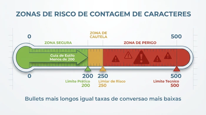 Visualização de medidor horizontal mostrando as zonas de risco de contagem de caracteres dos bullet points da Amazon: zona segura verde de 0 a 200 caracteres correspondendo à recomendação do guia de estilo, zona de cautela dourada de 200 a 250 caracteres no limiar de risco, e zona de perigo vermelha de 250 a 500 caracteres representando o limite técnico com aviso de que bullets mais longos reduzem as taxas de conversão.